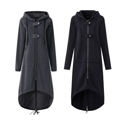 

Hooded split long sleeve zip button pocket long sweater coat