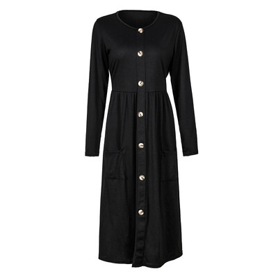 

Womens Long Sleeve Knit O-neck Casual Button Down Plain Swing Midi Dress with Pockets