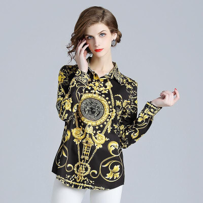 

S M L XL elegant new autumn 2018 women blouse shirt long sleeve black&gold vintage print office top lady