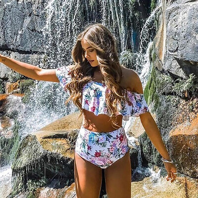 

2018 Sexy bikini Set High Waist Swimwear Women Striped Biquini Ruffled Swim Bathing Suit White Blue Swimsuit Vintage Bikinis