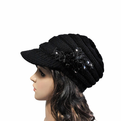

Winter Women Cable Knitted Visor Hat with Flower Accent Thick Soft Warm Beanie Hats Wool Cap