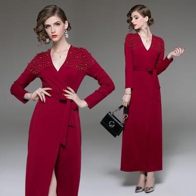 

S M L XL elegant new spring 2019 long maxi dress women long sleeve red straight ankle length with pearl lady
