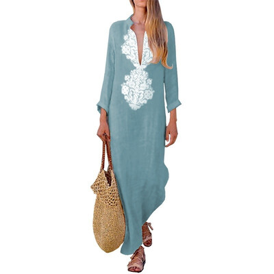 

Plus Size Women Long Sleeve Loose Irregular Cotton Linen Dress Casual Sexy Long Dress V-neck Maxi Vestidos
