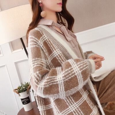 

2018 spring&winter Korea version new loose fashion plaid sweater knitted cardigan long sleeve large size coat