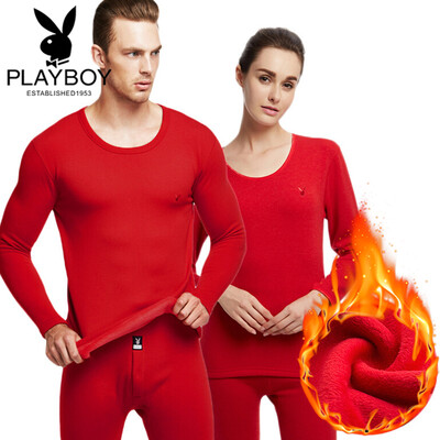 

Playboy thermal underwear men thickening plus velvet warm suit mens wool winter autumn clothes long pants mens life year red XL