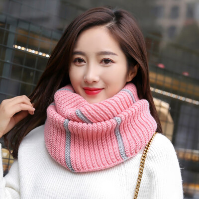 

Women Knitted Neckerchief Contrast Striped Ribbed Ring Collar Cowl Neck Warm Winter Snood Scarf