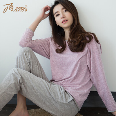 

Top melon melon pajamas women cotton spring&summer 2019 new solid color round neck edging long-sleeved pajamas set jd01107zy purple female 165