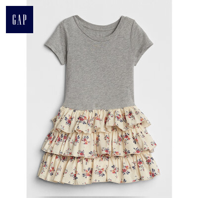 

GAP flagship store childrens clothing female children spring&summer cotton short-sleeved floral print layered round neck dress 334702 printing 90cm 2T