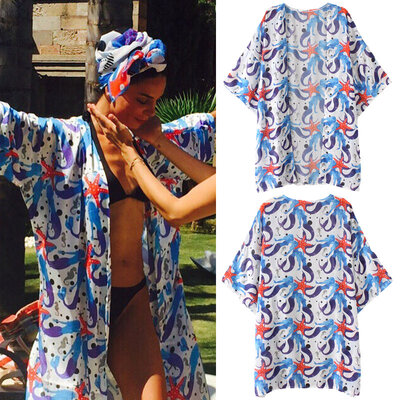 

Women Chiffon Beach Kimono Mermaid Print Open Front Loose Thin Casual Sea Holiday Cardigan Blue