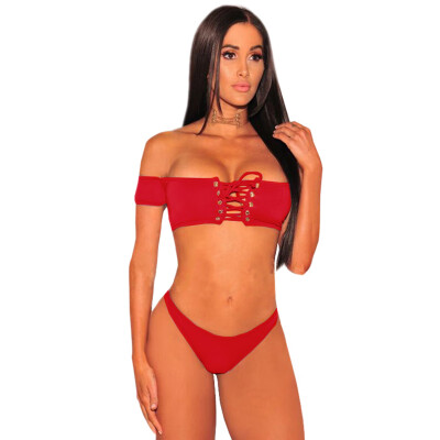 

Sexy Women Bikini Set Swimsuit Lace Up Off Shoulder Short Sleeve Low Waist Two Piece Swimwear Bathing Suit