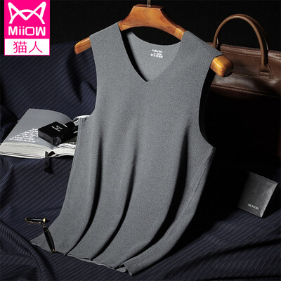 

Cat man mens thermal underwear mens thin section double-sided sanding vest seamless slim size V-neck wide shoulders vest sleeveless vests bottom coat gray