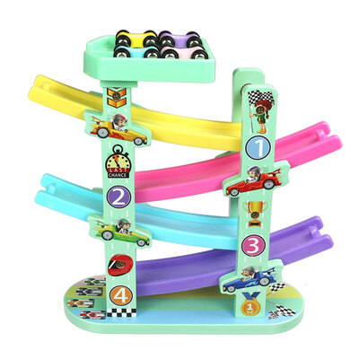 

Car Racing Game Wooden Railway Car Set Toy Ramp Race Track Ladder Gliding Rooler Coaster