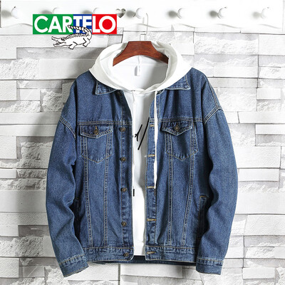 

Cartier crocodile CARTELO denim jacket men 2019 spring new Korean version of the irregular hole teen loose denim jacket male 03 blue 2XL