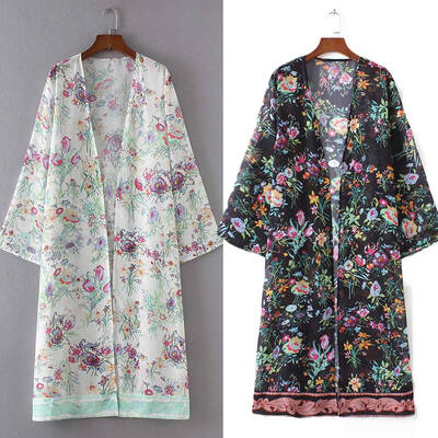 

New Women Chiffon Loose Cardigan Open Front Floral Print Long Sleeves Thin Vintage Casual Outerwear BlackWhite
