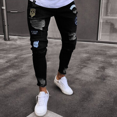 

Men Jeans Stretch Destroyed Ripped Design Fashion Ankle Zipper Skinny Elastic Waist