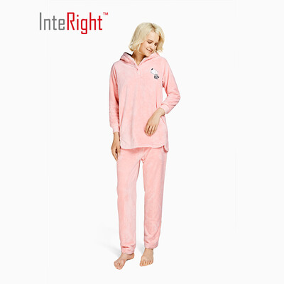 

INTERIGHT parent-child home service Shurou flannel plus velvet thickening hooded cartoon home service suit ladies pink M