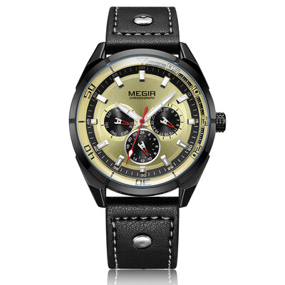 

MEGIR Chronograph Sport Watch Men Clock Quartz Leather Strap Luminous Wristwatch