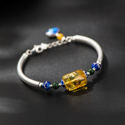 

NeillieN 925 Silver Jewelry Bracelet Ethnic Style Embedded Amber Bead Bracelet Baked Blue Bracelethand chainLady Bracelet
