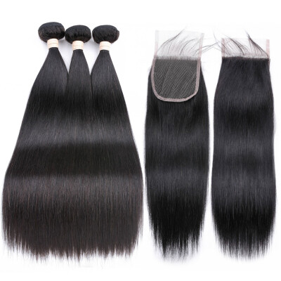 

BEAUDIVA Straight 3 Bundles With 44 Closure Brazilian Hair Weave Bundles Free Part