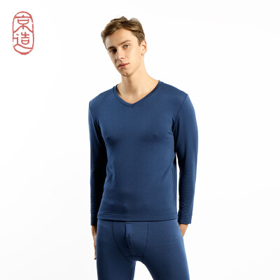 

JZAO mens thermal underwear wool thickening autumn clothes long pants warm set sea dark blue V collar  code