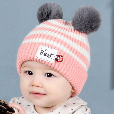 

Autumn winter baby wool cap for children plus fleece girls 5 to 30 months male&female cap striped double wool warm hat
