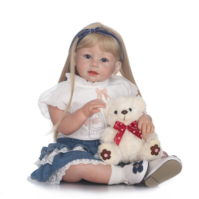 

Silicon Reborn Toddler Doll Baby Doll Girl With Curly Golden Hair Clothes Wig Boneca 28inch 71cm Lifelike Cute Gifts Toy