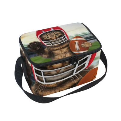 

Lunch Box Insulated Lunch Bag Large Cooler Cat Playing American Football Tote Bagfor Kids Men Women