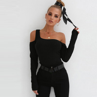 

Sexy Women Ribbed Knit T-Shirt Cutout Off Shoulder Long Sleeve Autumn Winter Slim Tops Blouse Jumper