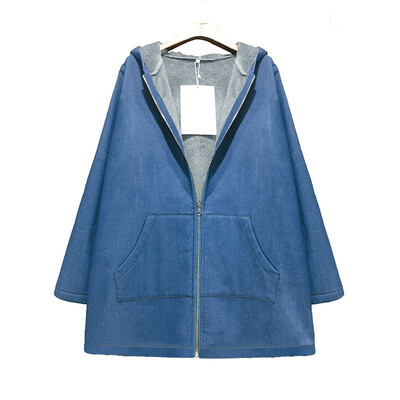 

Large size womens loose hooded solid color denim jacket women plus velvet thickening