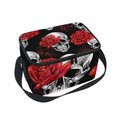 

ALAZA Lunch Box Insulated Skull And Red Roses Lunch Bag Large Cooler Tote Bagfor Men Women