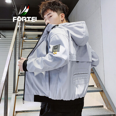 

Fuyi FORTEI jacket mens 2019 spring new slim stitching hooded solid color fashion trend coat jacket male 9033 gray M