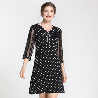 

L XL XXL 3XL 4XL 5XL plus size elegant new spring 2019 women midi dress 34 sleeve big size black white polka dot V neck office