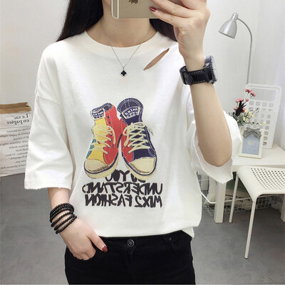 

JOY OF JOY Jingdong Womens 2019 Summer New Womens Han Fan T-Shirt Female Character Hole Short Sleeve Clothes Print Short Sleeve Women JWTD191831 White 2XL