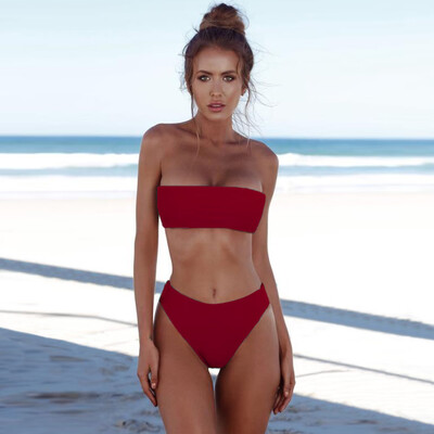 

Women High Waist Bikini Set Off Shoulder Push Up Padded Swimsuit Swimwear Solid Bathing Suit