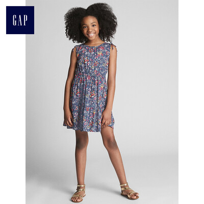 

GAP flagship store girls comfortable floral print pleated shoulder sleeveless dress 306881 navy blue pattern XS