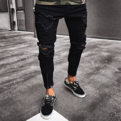 

Mens Black Pant Stretchy Ripped Skinny Biker Jeans Slim Fit Pleated Ripped Elasticity Male Tight Mid Waist Denim Pants