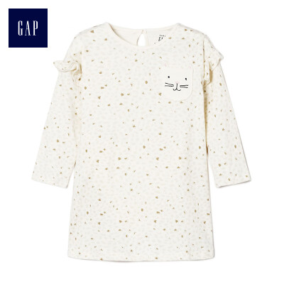 

GAP flagship store baby girl cat pattern round neck long-sleeved T-shirt dress 375096 ivory white 6-12M