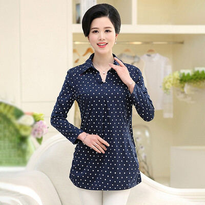 

Yu Zhaolin 2019 new middle-aged womens loose large size shirt mother dress spring&autumn long-sleeved shirt YWMM191346 blue dot 2XL