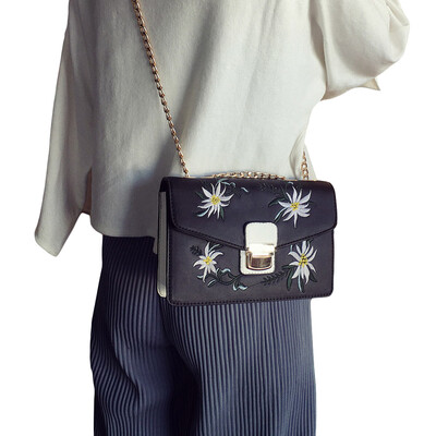 

New Women Bag Messenger Bag Chain Shoulder Bag PU Leather Girls Flower Small Crossbody Bag BlackWhite