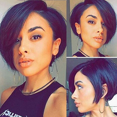 

Glueless Short Pixie Cut Bob Human Hair Lace Front Wigs Side Bangs Brazilian Full Lace Wig with Baby Hair Pre Plucket 8A 1B Off B