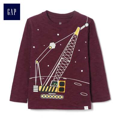 

GAP flagship store male&young fun pattern long-sleeved round neck T-shirt 357931 wine red 18-24M