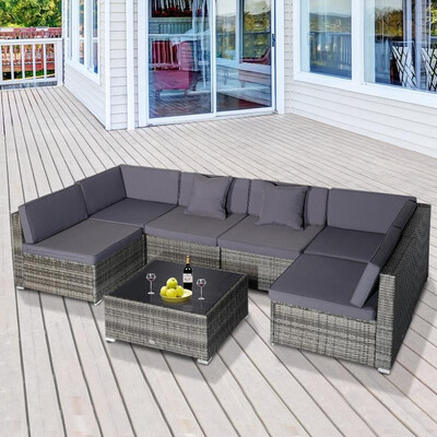 

7 Piece Wicker Rattan Sofa Sectional Outdoor Patio Furniture Set - Grey