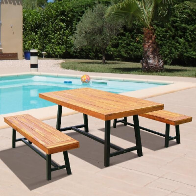 

71 Rustic Acacia Wood Outdoor Picnic Table&63 Bench Seat Set - Natural Red Wood