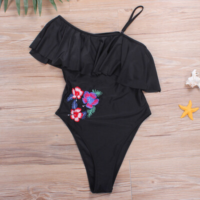 

Women One Piece Swimsuit One Shoulder Floral Embroidered Ruffle Padded Push Up Sexy Monokini Black