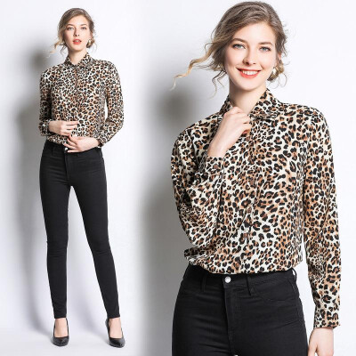 

M L XL vintage new spring 2019 women blouse shirt long sleeve leopard print office top lady