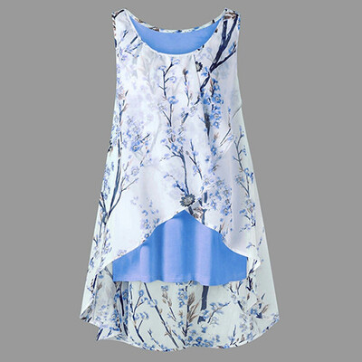 

PREISEI New Summer Women Sweet Elegant Print Tank Top Chiffon O-Neck Sleeveless Plus Size Long Camisole Ladies Tops DJDM001