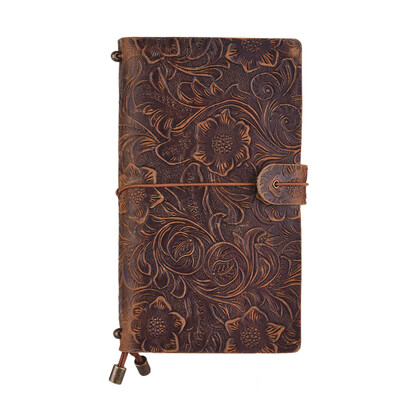 

Vintage Full Grain Leather Refillable Travel Journal Notebook Diary Embossed Flower Pattern Daily Notepad Cover with Elastic Strap