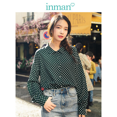 

INMAN 2019 spring new lapel retro art fan wave shirt long sleeve shirt female 1891011076 deep army green