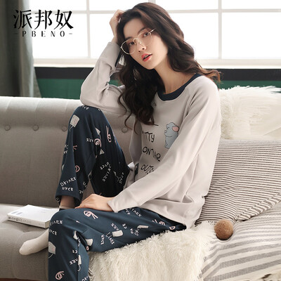 

Pabangu pajamas womens cotton long-sleeved spring 19 new product set cartoon Korean casual loose outer wear home service suit 70912117 gray M