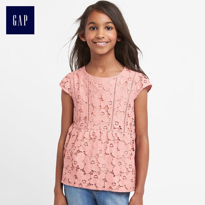 

GAP flagship store girls comfortable floral lace decorative hem short-sleeved shirt 921114 deep rose